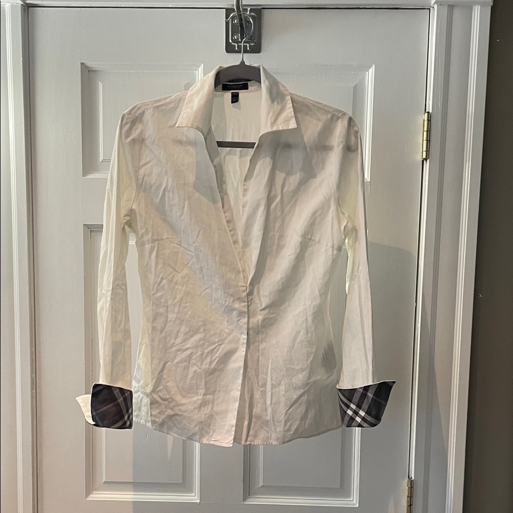 Burberry White Button-Up Shirt with  Burberry Plaid Cuffs